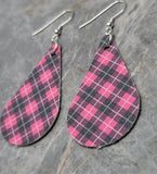 Pink and Black Plaid Tear Drop Shaped FAUX Leather Earrings