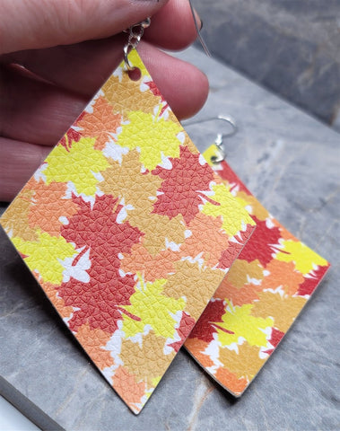 Orange, Red and Yellow Autumnal Leaves on Diamond Shaped FAUX Leather Earrings