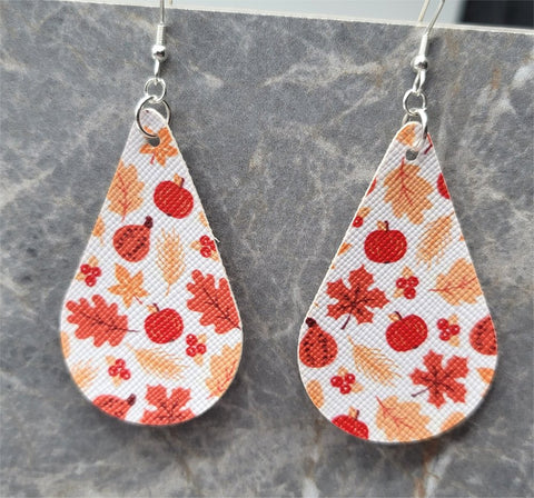 Autumnal Themed Leaves and Pumpkins Tear Drop Shaped FAUX Leather Earrings