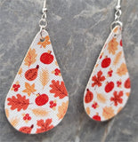 Autumnal Themed Leaves and Pumpkins Tear Drop Shaped FAUX Leather Earrings