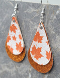 Autumn Maple Leaves Teardrop on an Orange Glitter Teardrop Shaped FAUX Leather Earrings