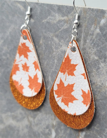 Autumn Maple Leaves Teardrop on an Orange Glitter Teardrop Shaped FAUX Leather Earrings