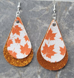 Autumn Maple Leaves Teardrop on an Orange Glitter Teardrop Shaped FAUX Leather Earrings