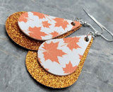 Autumn Maple Leaves Teardrop on an Orange Glitter Teardrop Shaped FAUX Leather Earrings