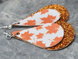 Autumn Maple Leaves Teardrop on an Orange Glitter Teardrop Shaped FAUX Leather Earrings