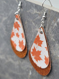 Autumn Maple Leaves Teardrop on an Orange Glitter Teardrop Shaped FAUX Leather Earrings