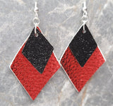 Red FAUX Leather Diamond Shaped Earrings with Black Glitter FAUX Leather Diamond Shaped Overlay