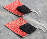 Red FAUX Leather Diamond Shaped Earrings with Black Glitter FAUX Leather Diamond Shaped Overlay