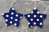 Blue Glitter FAUX Leather Star Earrings with White Polka Dots