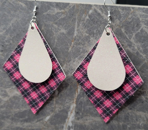 Pink and Black Plaid FAUX Leather Diamond Shaped Earrings with FAUX Leather Teardrop Shaped Overlays