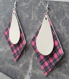 Pink and Black Plaid FAUX Leather Diamond Shaped Earrings with FAUX Leather Teardrop Shaped Overlays