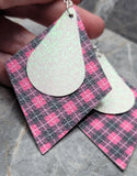 Pink and Black Plaid FAUX Leather Diamond Shaped Earrings with FAUX Leather Teardrop Shaped Overlays