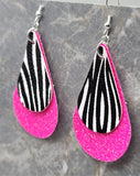 Hot Pink Glitter Teardrop and Zebra Stripes Teardrop Shaped Overlay FAUX Leather Earrings