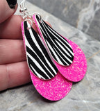 Hot Pink Glitter Teardrop and Zebra Stripes Teardrop Shaped Overlay FAUX Leather Earrings