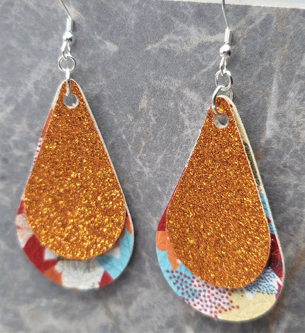 Autumn Leaves Teardrop and Orange Glitter Teardrop Shaped FAUX Leather Earrings