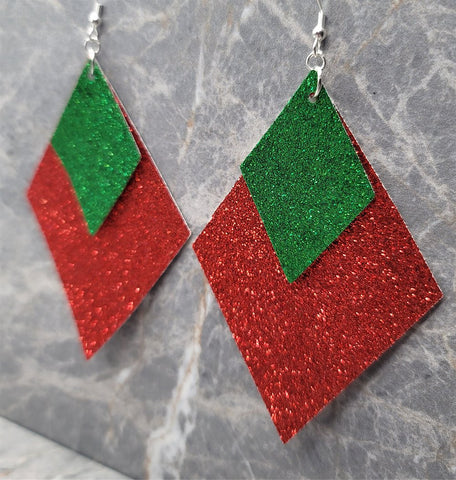 Red Glitter FAUX Leather Diamond Shaped Earrings with Green Glitter FAUX Leather Diamond Shaped Overlay