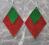 Red Glitter FAUX Leather Diamond Shaped Earrings with Green Glitter FAUX Leather Diamond Shaped Overlay