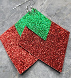 Red Glitter FAUX Leather Diamond Shaped Earrings with Green Glitter FAUX Leather Diamond Shaped Overlay