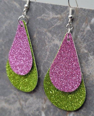 Lime Green Glitter Teardrop and Pink Glitter Teardrop Shaped Overlay FAUX Leather Earrings
