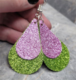 Lime Green Glitter Teardrop and Pink Glitter Teardrop Shaped Overlay FAUX Leather Earrings