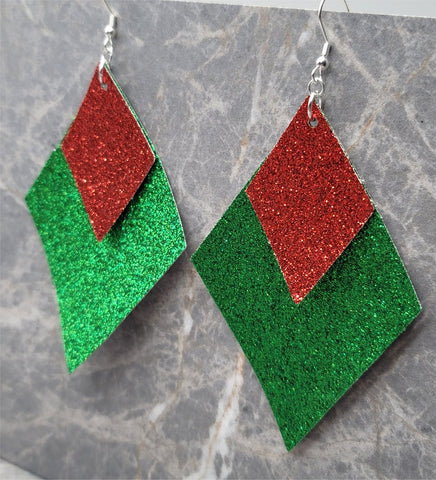 Green Glitter FAUX Leather Diamond Shaped Earrings with Red Glitter FAUX Leather Diamond Shaped Overlays
