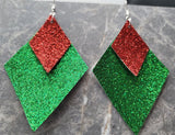 Green Glitter FAUX Leather Diamond Shaped Earrings with Red Glitter FAUX Leather Diamond Shaped Overlays