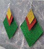 Green Glitter FAUX Leather Diamond Shaped Earrings with Red and Gold Glitter FAUX Leather Diamond Shaped Overlays