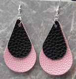 Pink Luster Teardrop with a Black Teardrop Shaped Overlay FAUX Leather Earrings