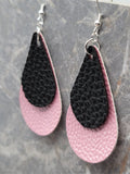 Pink Luster Teardrop with a Black Teardrop Shaped Overlay FAUX Leather Earrings