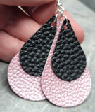 Pink Luster Teardrop with a Black Teardrop Shaped Overlay FAUX Leather Earrings