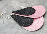 Pink Luster Teardrop with a Black Teardrop Shaped Overlay FAUX Leather Earrings