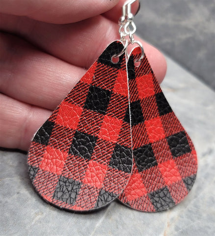 Red and Black Buffalo Plaid Teardrop Shaped FAUX Leather Earrings