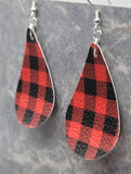 Red and Black Buffalo Plaid Teardrop Shaped FAUX Leather Earrings