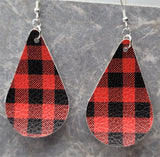 Red and Black Buffalo Plaid Teardrop Shaped FAUX Leather Earrings