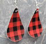 Red and Black Buffalo Plaid Teardrop Shaped FAUX Leather Earrings