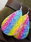 Rainbow Striped Chunky Glitter Very Sparkly Double Sided FAUX Leather Teardrop Earrings