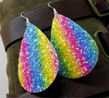 Rainbow Striped Chunky Glitter Very Sparkly Double Sided FAUX Leather Teardrop Earrings