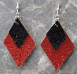 Red Glitter FAUX Leather Diamond Shaped Earrings with Black Glitter FAUX Leather Diamond Shaped Overlay