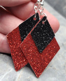 Red Glitter FAUX Leather Diamond Shaped Earrings with Black Glitter FAUX Leather Diamond Shaped Overlay