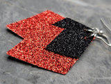 Red Glitter FAUX Leather Diamond Shaped Earrings with Black Glitter FAUX Leather Diamond Shaped Overlay