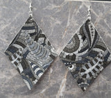 Black and Gray Paisley  Embroidered FAUX Leather Diamond Shaped Earrings