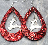 Red Glitter FAUX Leather Cut Out Teardrop Earrings with Reindeer Charm Dangles