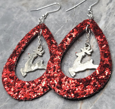 Red Glitter FAUX Leather Cut Out Teardrop Earrings with Reindeer Charm Dangles