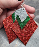 Red Glitter FAUX Leather Diamond Shaped Earrings with Green and Silver Glitter FAUX Leather Diamond Shaped Overlays