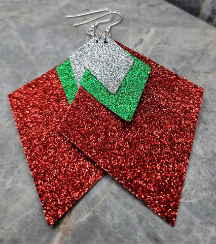 Red Glitter FAUX Leather Diamond Shaped Earrings with Green and Silver Glitter FAUX Leather Diamond Shaped Overlays