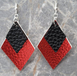 Red Metallic Luster FAUX Leather Diamond Shaped Earrings with Black FAUX Leather Diamond Shaped Overlay