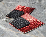 Red Metallic Luster FAUX Leather Diamond Shaped Earrings with Black FAUX Leather Diamond Shaped Overlay