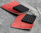 Red Metallic Luster FAUX Leather Diamond Shaped Earrings with Black FAUX Leather Diamond Shaped Overlay