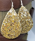 Chunky Gold Glitter Very Sparkly Double Sided FAUX Leather Teardrop Earrings