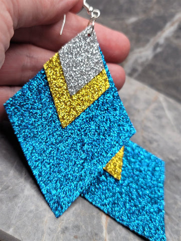 Aqua Blue Glitter FAUX Leather Diamond Shaped Earrings with Gold and Silver Glitter FAUX Leather Diamond Shaped Overlays